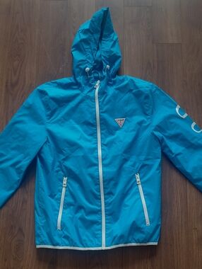Guess Teal Blue Jacket with White and Pink Logo